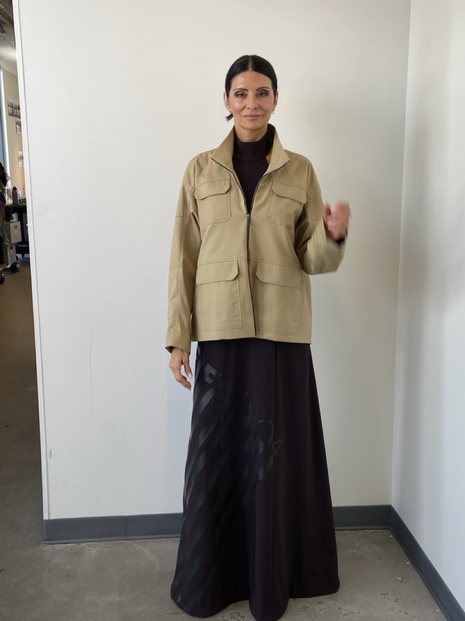 Studio fitting: front view, cotton-twill topper over crepe maxi